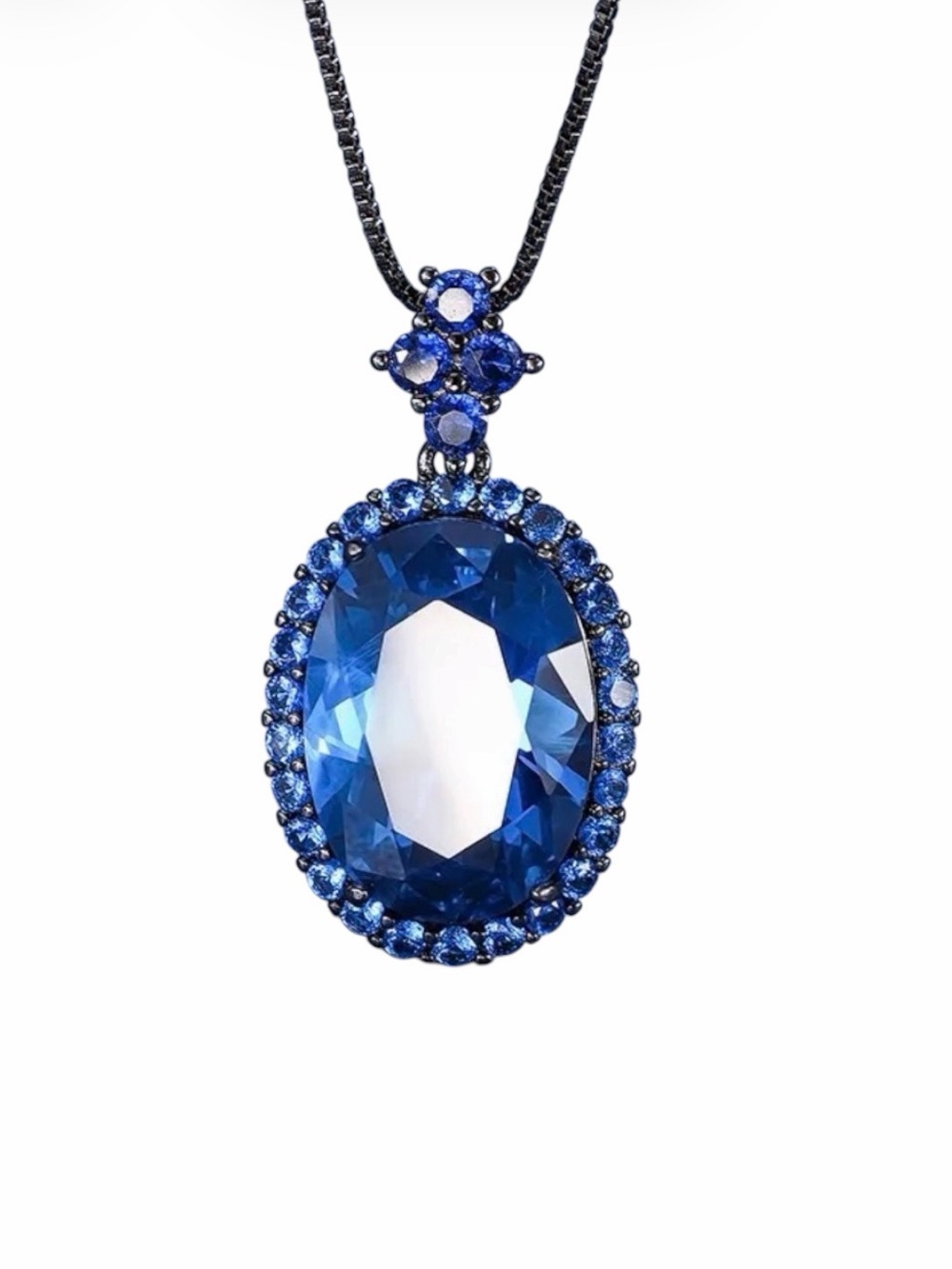 Blue Crystal Oval Pendant Necklace NWT Platinum Plated Brass